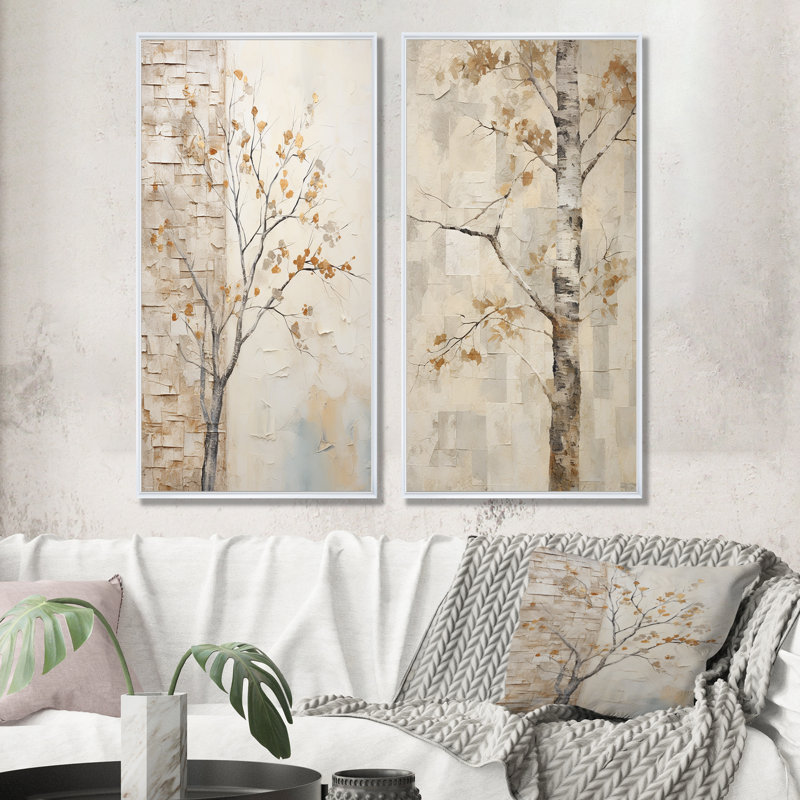 Minimalisme Sycamore beige arbre solitude - ensemble de 2 décorations murales sycomore, Cadre flottant blanc