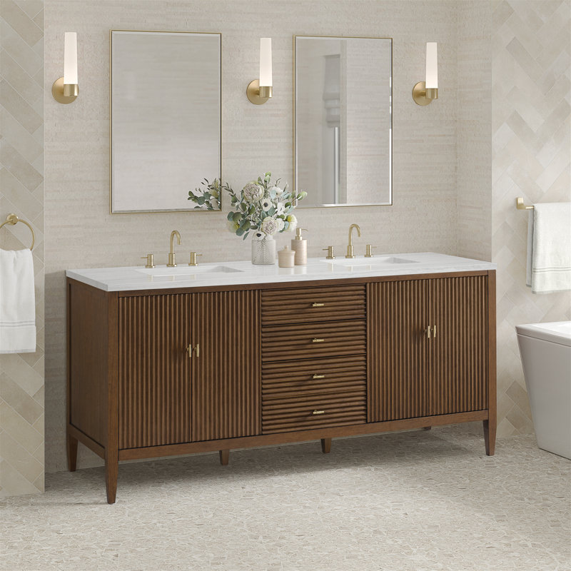 Myrrin 72'' W Double Vanity, Mid-Century Walnut, White Zeus, 8" Widespread