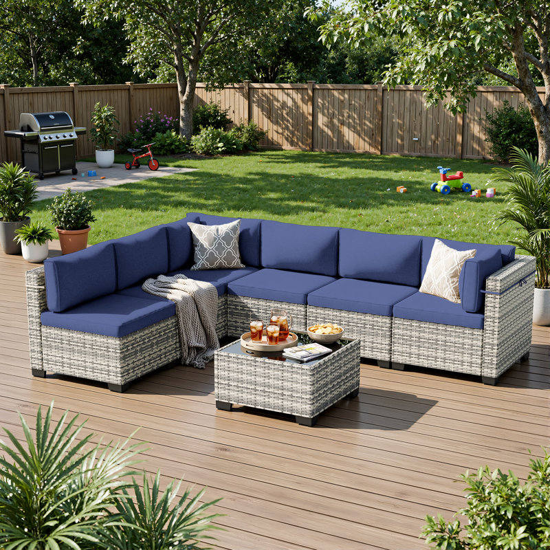 7-Piece Outdoor Sectional Sofa Set With HDPE Wicker, Cushions & Coffee Table, Modular Patio Conversation Set, Navy Blue