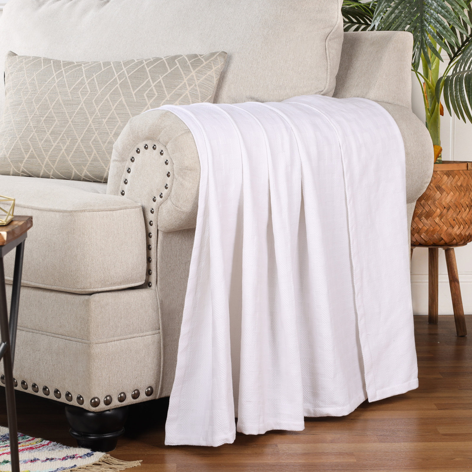 Bertie Cotton Machine Woven Throw Blanket, White, King