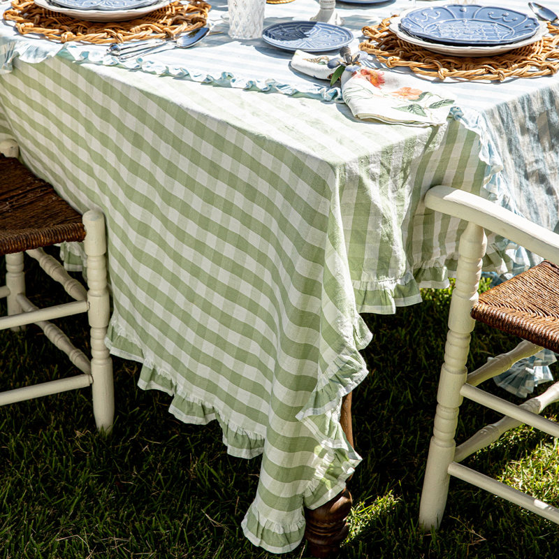 Gingham Ruffle 18" x 90" Table Runner, 120" L x 60" W, Seagrass