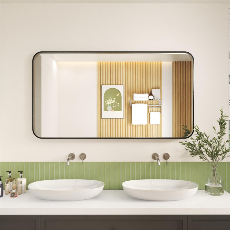 Stylish Aluminum Framed Mirror with Rounded Corner for Elegant Home Decor, 55" x 30", Matte Black, Rectangle