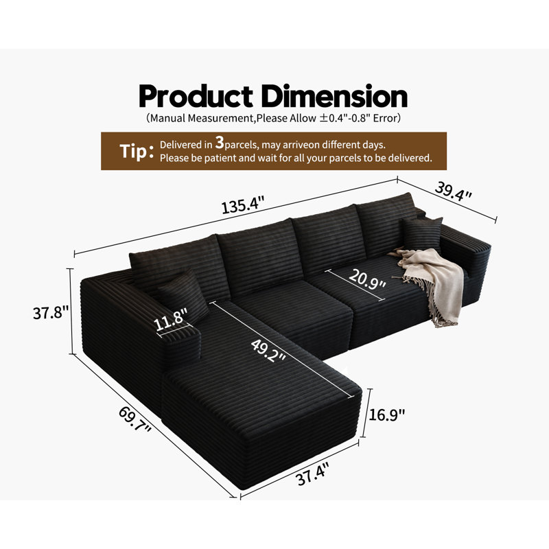 Canapé modulaire 135,4 po Cloud, Tissu velours côtelé noir, Orienté à gauche (vu de face)