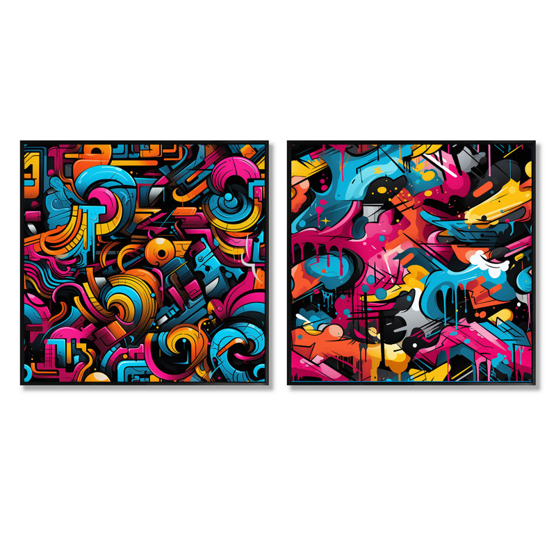 Christien - Ensemble de 2 collages carrés à formes abstraites, Cadre flottant noir, H 16 po x l 33 po