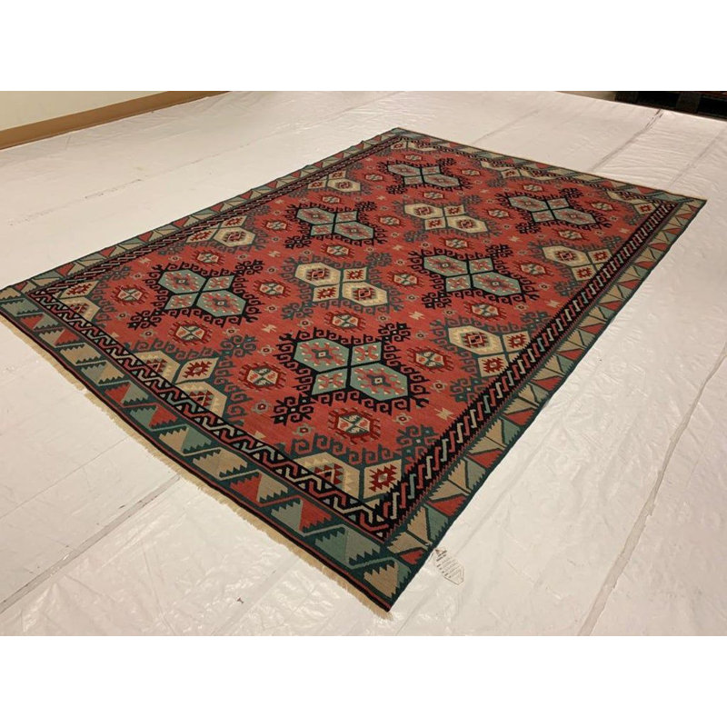 Tapis tissé à plat de couleur rouille / bleu clair / ivoire 6 pi 8 po x 9 pi 5 po