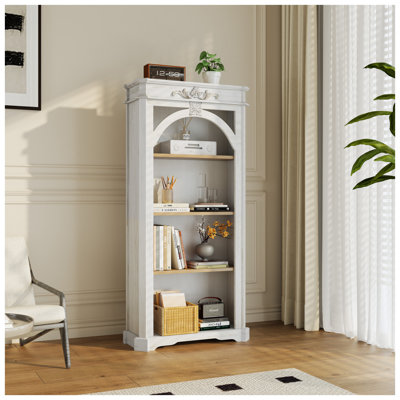 Antique White 65 Inch Tall Bookcase, Vintage Distressed Floor Standing Bookshelf with 4 Tiers for Home Office Living Room