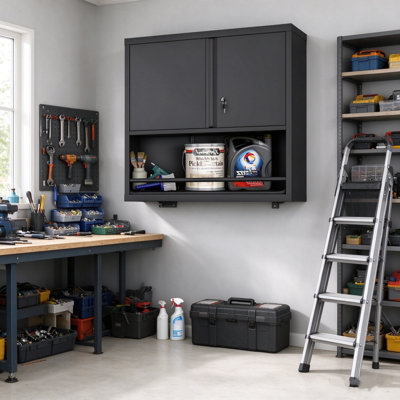 Armoire de rangement murale robuste en acier, portes doubles verrouillables et tablettes inférieures ouvertes, organisateur en métal sécuritaire pour garage, atelier, buanderie et cuisine