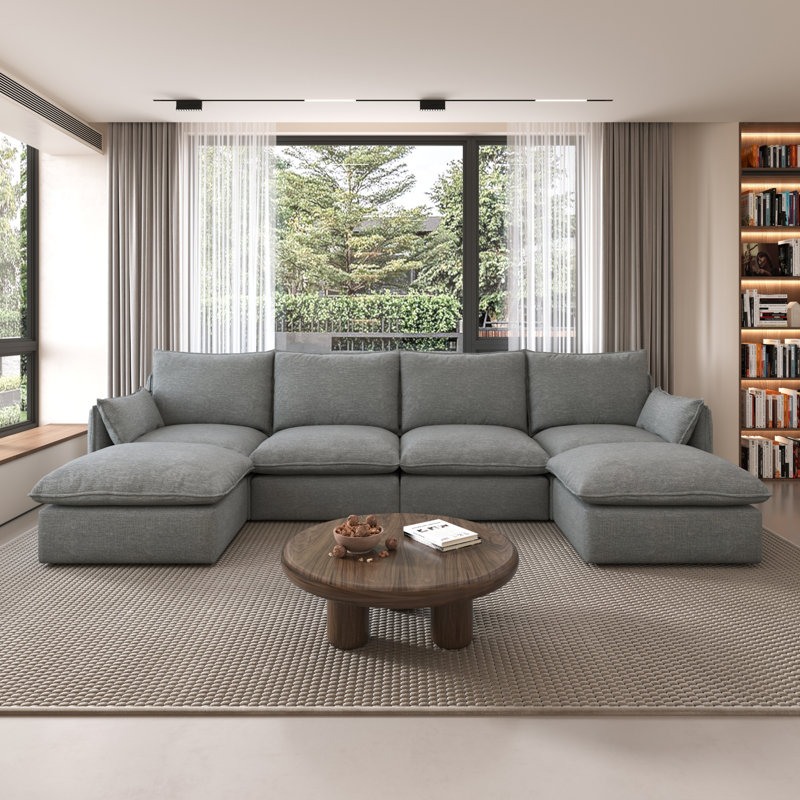 Canapé modulaire en forme de U de 124 po, canapé modulaire en tissu en mélange de lin résistant aux éclaboussures pour le salon, canapé modulaire convertible avec sièges profonds et haut dossier, housses de canapé lavables