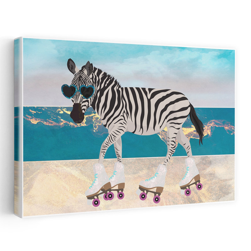 Stylish Zebra Beach Fun Abstract Retro Zebra Beach Landscape Wall Art Print by Sarah Manovski - Wrapped Canvas Print