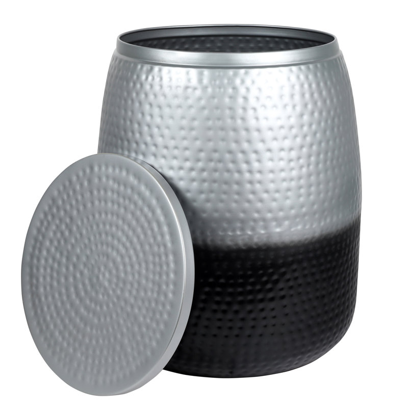 Merida 19" Modern Rustic Hammered Metal Drum Storage Side Table with Lid, Silver/Black