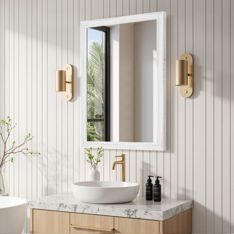 Miroir rectangulaire 30 po L x 22 po H avec cadre effet bois blanc pour salle de bain, entrée