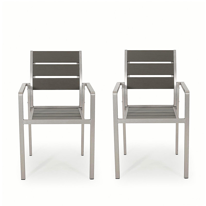 Chaise de salle à manger d'extérieur moderne en aluminium avec siège en faux bois (ensemble de 2), gris et argent
