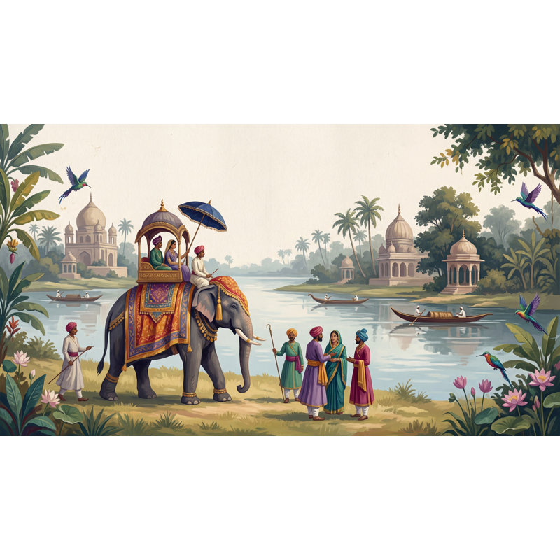 Éléphant, procession, papier peint, paysage indien, palais, dômes, mur, 140 po x 108 po, Texturé non collé