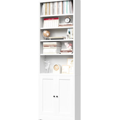 71 Inch Tall Metal Bookcase, 5 - Tier, Industrial White With Door And Adjustable Shelves For Home Office Decor Tier Bookcase Use