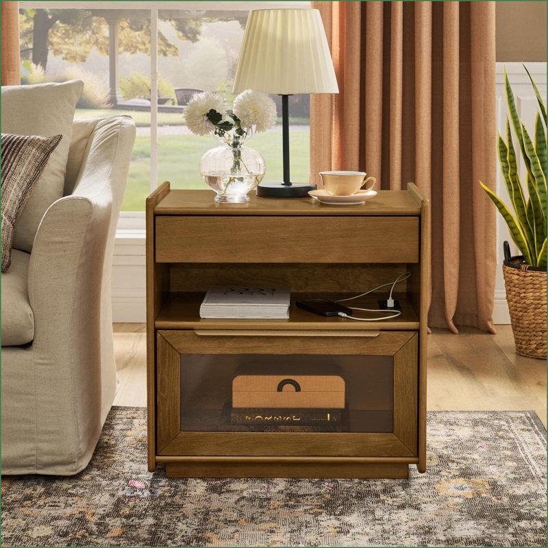 Table de chevet moderne Mid-Century avec station de charge, 2 tiroirs + tablette ouverte - noyer clair