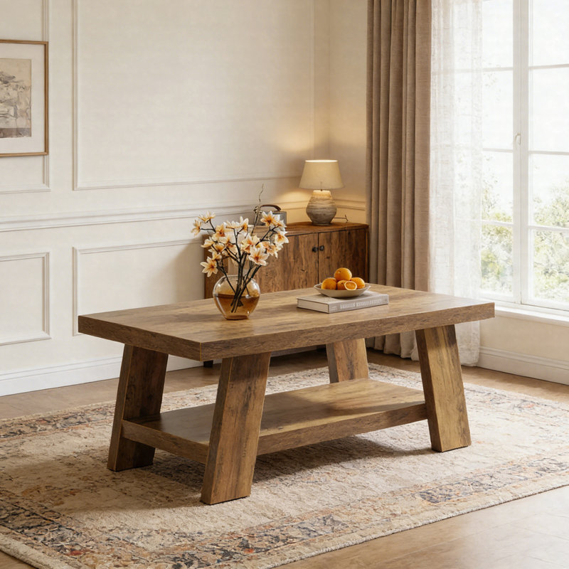 47" Farmhouse Coffee Table, 2-Tier Rectangular Center Cocktail Table With Storage Shelf