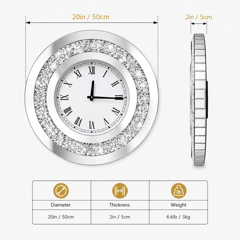 Silver Round Mirror Clock 20x20inches