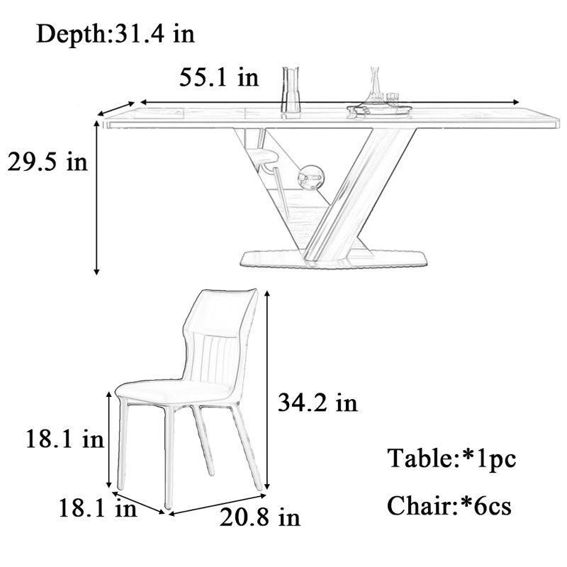 Table et chaise de designer minimaliste légère et luxueuse, Blanc / Brun, H 29,5 po x L 55,1 po x l 31,4 po