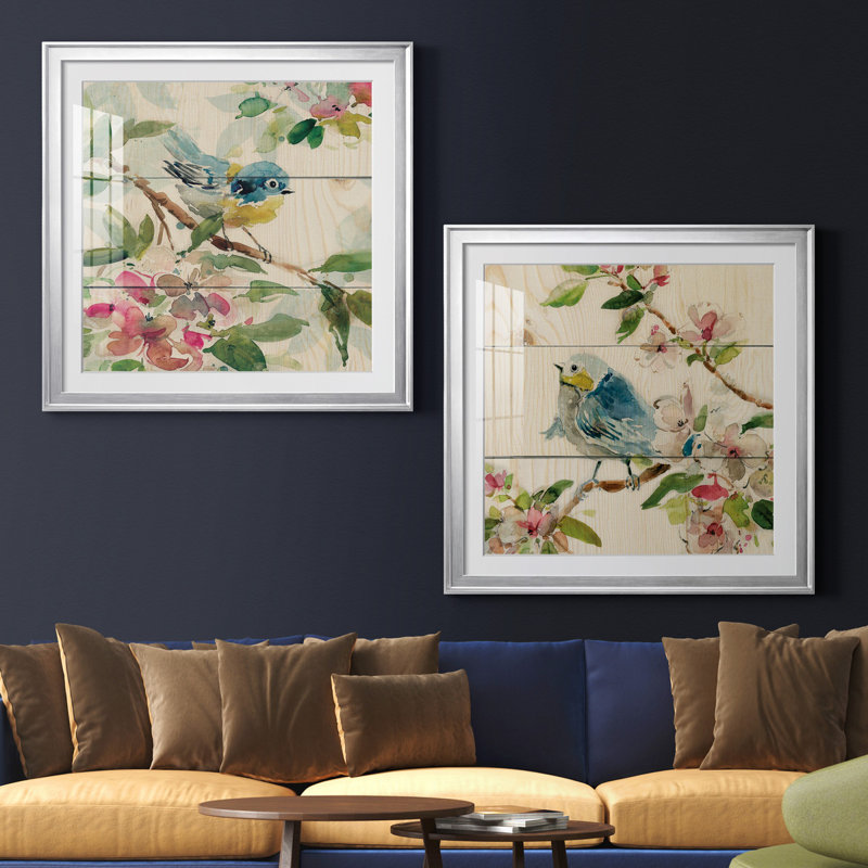 «Birds And Blossoms I», reproduction de l'histoire naturelle, avec passe-partout mat et encadré sous verre, ensemble de 2, art mural