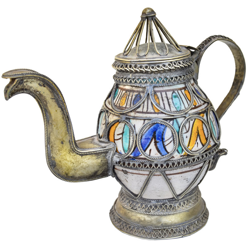 Antique Moroccan Brass-inlaid Ceramic-art Accent