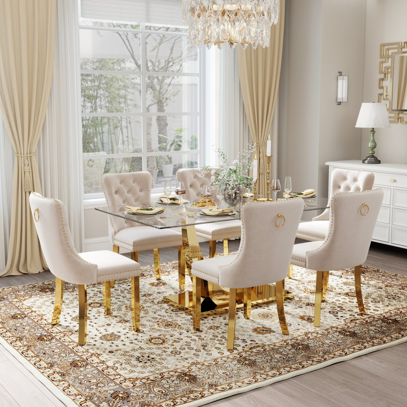 Kazandra 6 - Person Pedestal Dining Set, 30"H x 63"L x 35.4"W, Beige, Gold