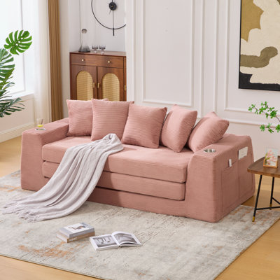 82.25" Convertible Sofa Bed,Loveseat Sleeper Sofa,2 In 1 Sofa, Corduroy Pull Out Sofa Bed,5 Pillows , Side Pocket,No Assembly, Two Cup Holders,Wide Armrest,3 Seat,Pink