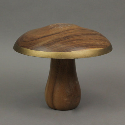 Rustic acacia wood mushroom tabletop sculpture with hand-painted gold trim, 7 inches high