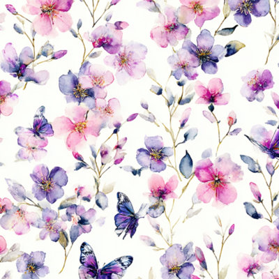 Peel and Stick Wallpaper Watercolor Floral Purple Butterflies Pink Blossoms Contact Paper Removable Self Adhesive Wall Mural Wall Decor for Bedroom Kitchen Cabinets 17.7in x 118in