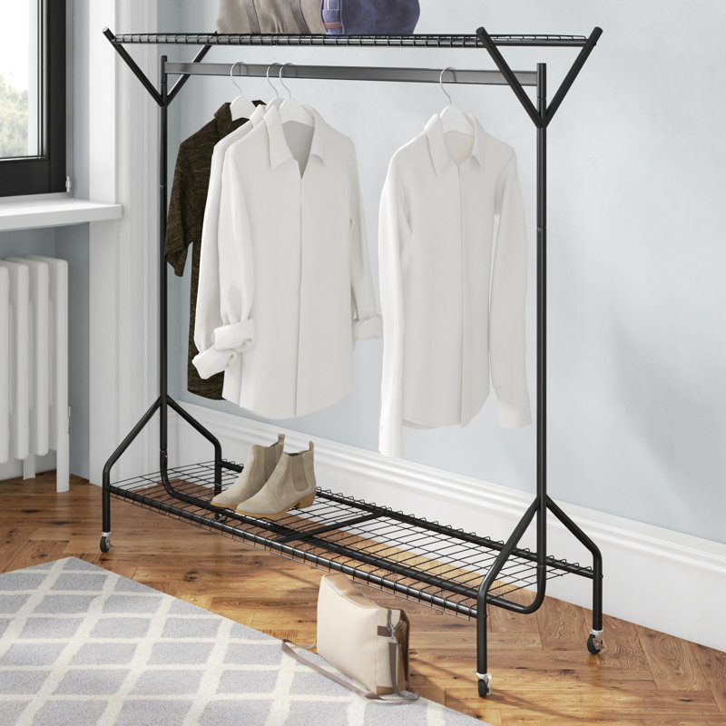 Clothing Rail Heavy Duty Hanging Clothes Shoe Hat Rack Shelves With Wheels, 150cm H x 150cm L x 46.5cm D