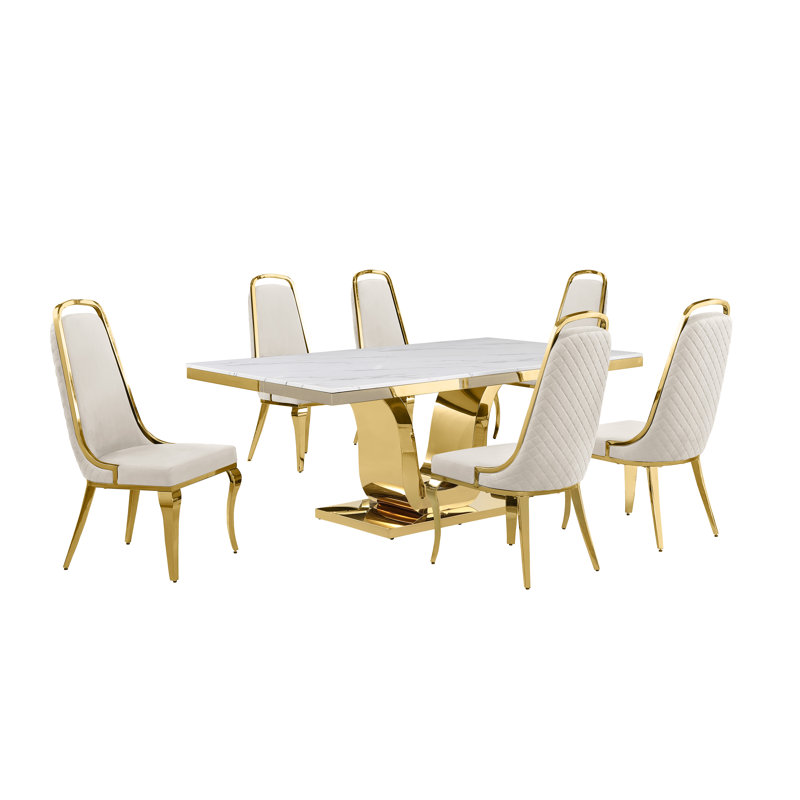 Kimoria Marble Top Pedestal Dining Set, Cream, 7