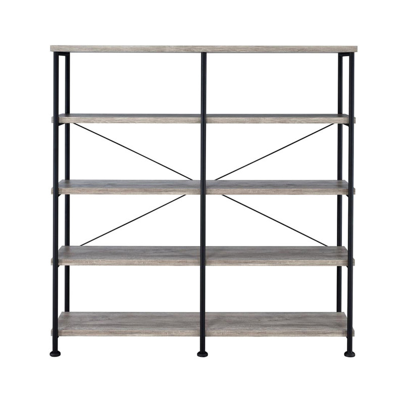 Bibliothèque double avec 4 tablettes larges en bois flottant gris et noir pour le rangement du salon