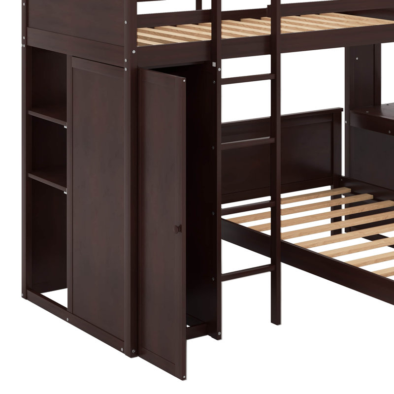 Lit mezzanine simple avec tablettes, bureau et garde-robe, Espresso
