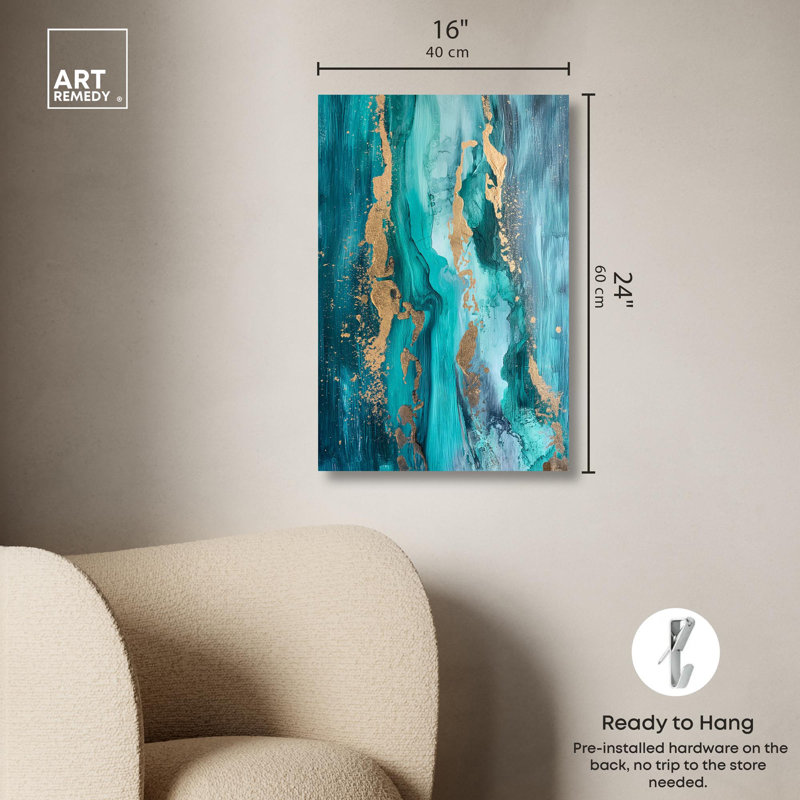 Sea Blue and Gold Abstract Canvas Wall Art, 24" x 16"
