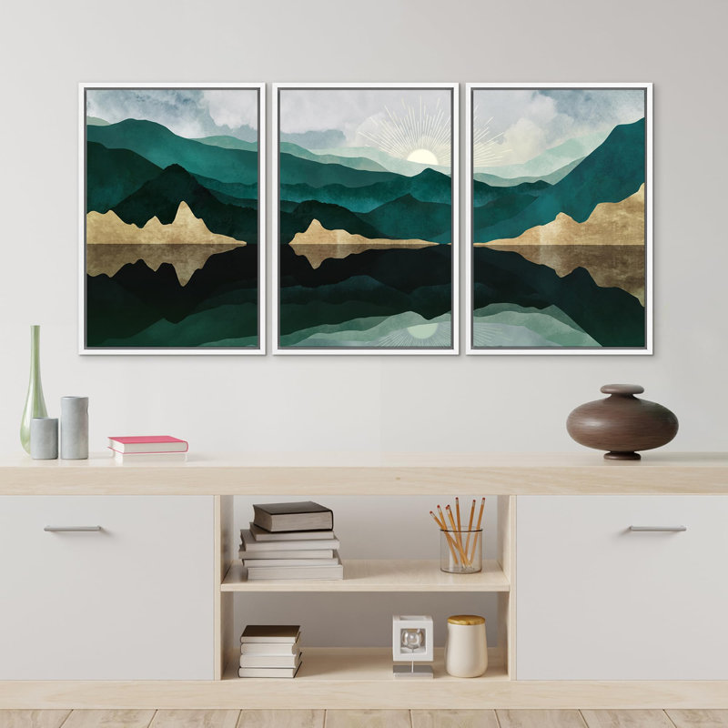 «Sunrise Mountain Landscape Trio Nature Wilderness Illustration Modern Decor Minimal» 3 pièces, H 24 po x l 16 po, Blanc