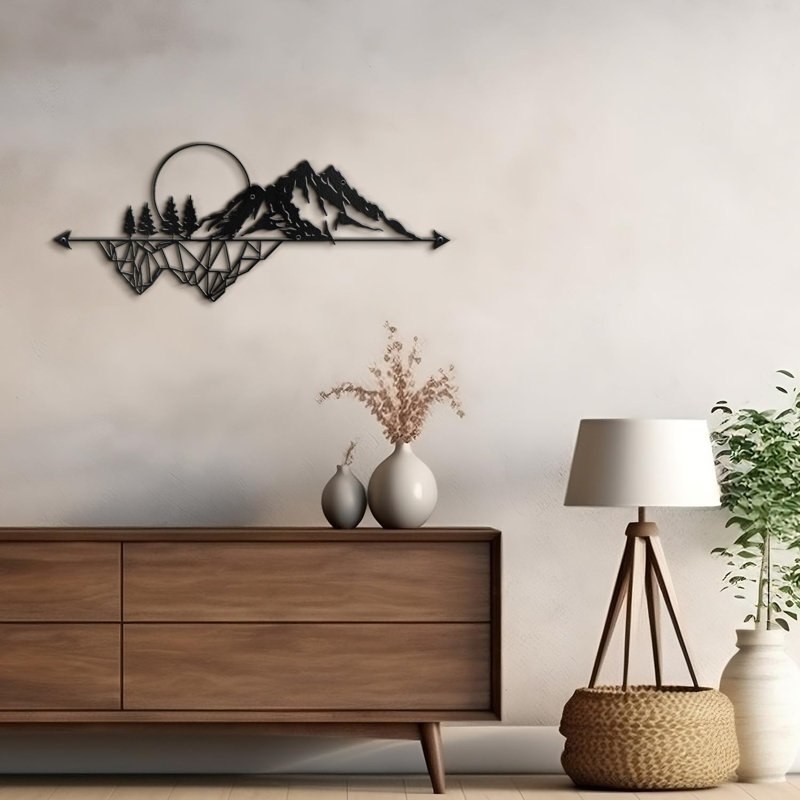 Décoration murale abstraite murale montagne et arbres, H 14,76 po x l 36 po x P 0,05 po, Noir