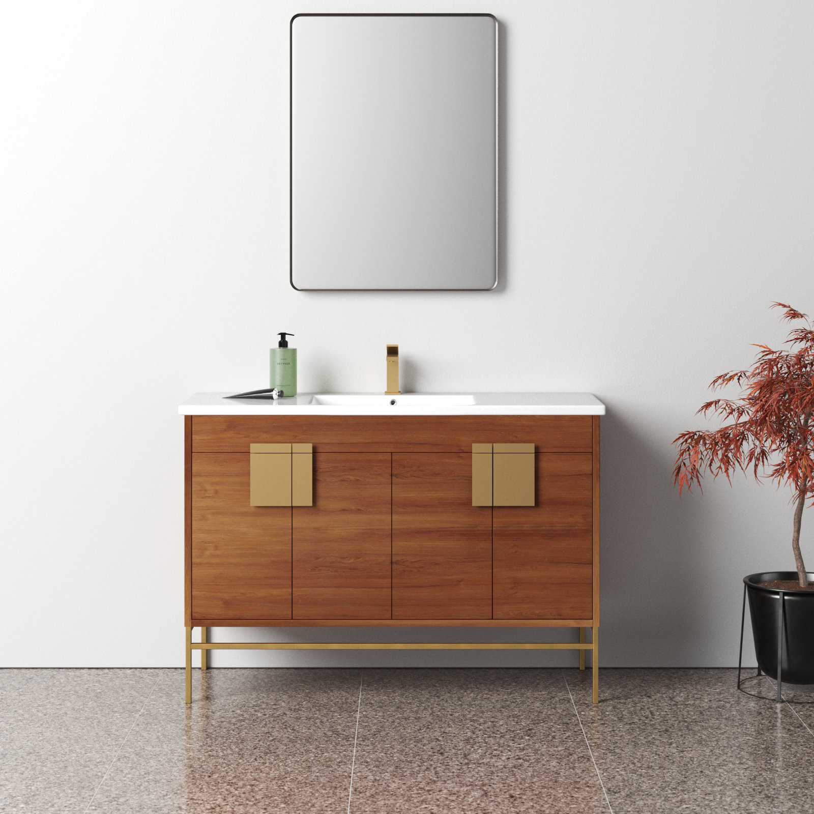 Maisie 48'' Single Bathroom Vanity, Satin Brass, Walnut