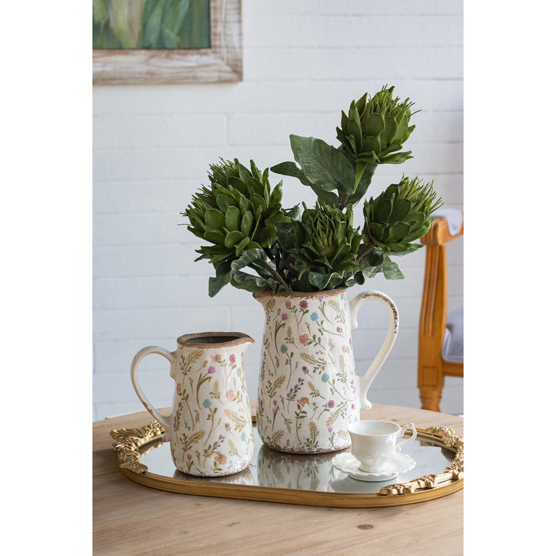 6.3X4.5X7.1" Round Ceramic Pitcher Vase With Multi-Colored Floral Motifs, Multicolor, 7.1" H x 6.3" W x 4.5" D