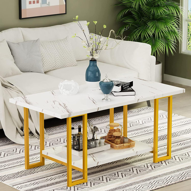 Marble Coffee Table, Faux Marble Top Rectangular Coffee Table With Metal Frame, 2 Tier Living Room Table For Living Room, Office, Balcony, 40 Inch