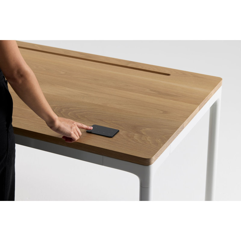 eFloat Quattro, 23 in. D x 58 in. W Sit-Stand Desk with Carbon Black Base, Carbon Black Painted Wood Top, and Black Salzburg Leather Cable Manager