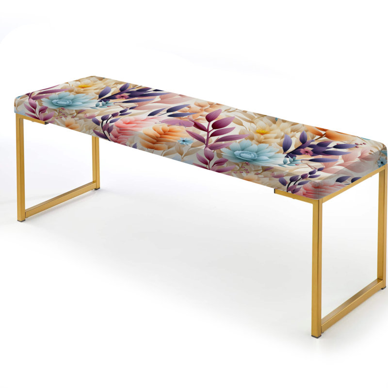 Floral Upholstered Gold Bench, Pastel Bohemian Ferns