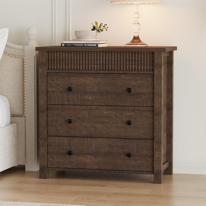 Armoire à 3 tiroirs cannelée moderne en noyer, table de bout polyvalente et rangement pour chambre à coucher, salon ou couloir