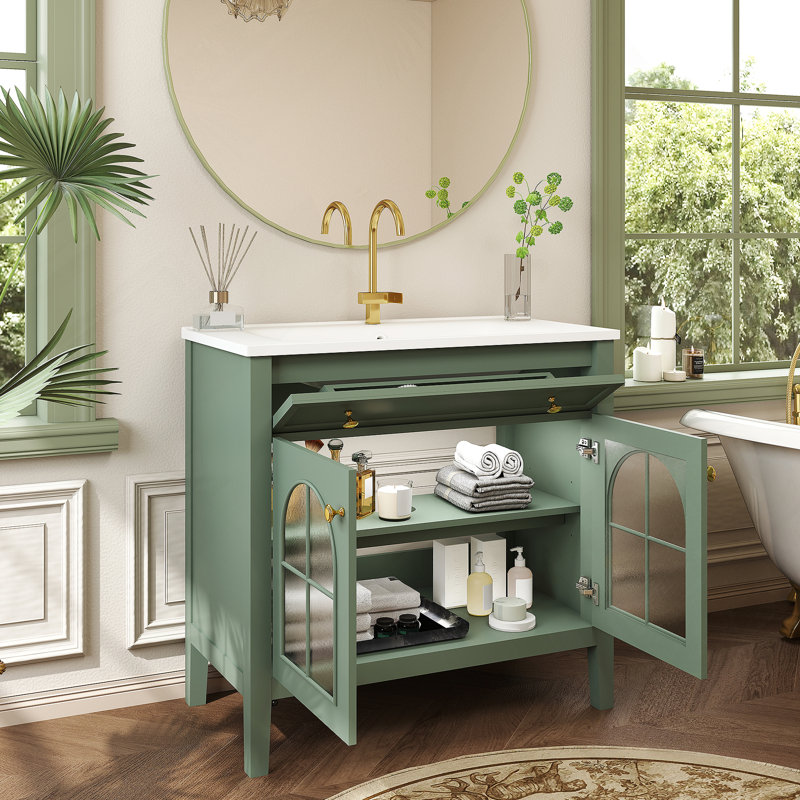 Meuble-lavabo autoportant avec tablette de rangement, Vert