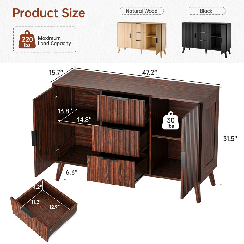 Ato 47.2"W 2 - Door Sideboard Storage Cabinet With 3 Drawers and Sheleves, Walnut