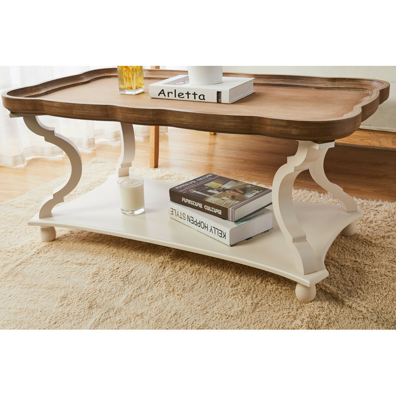 COZAYH Rustic Farmhouse Coffee Table w/ Tray Top & Storage Shelf, Natural/White, White/Natural Wood