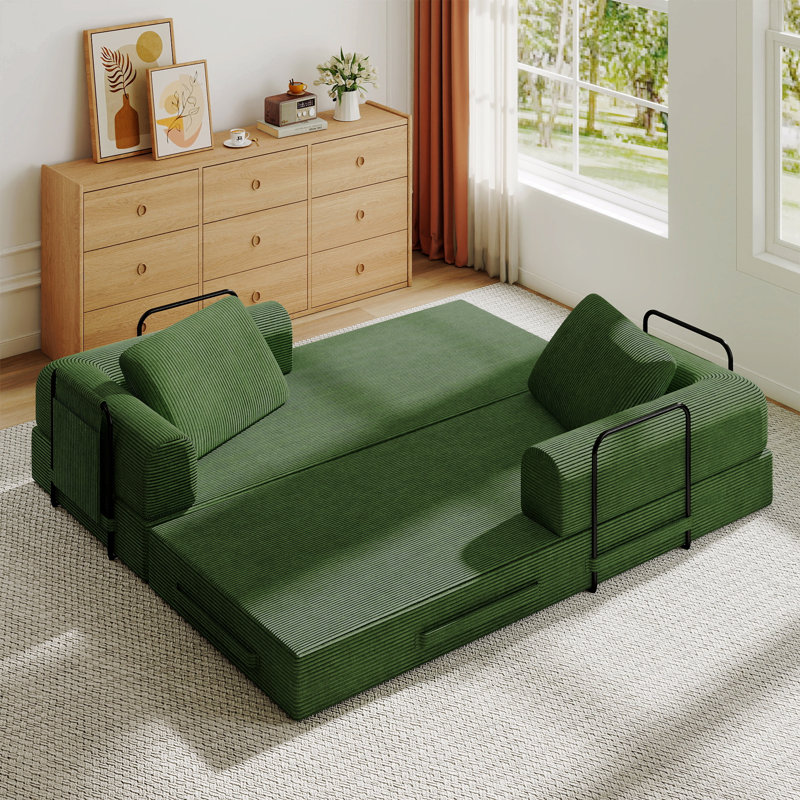 Convertible Sleeper Sofa Bed With Cylindrical Pillow - Corduroy Folding Mattress Couch With Fixed-Shape Frame, Green