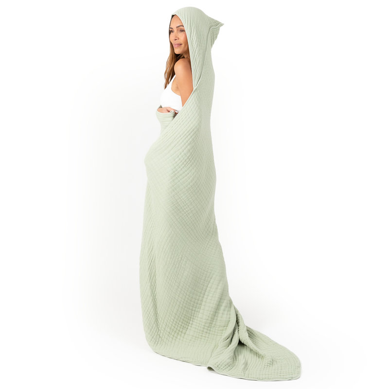 Comfy Cubs Adult Hooded Towel, Large Muslin Cotton Durable and Dual Function Wearable Blanket and Absorbent, Sage