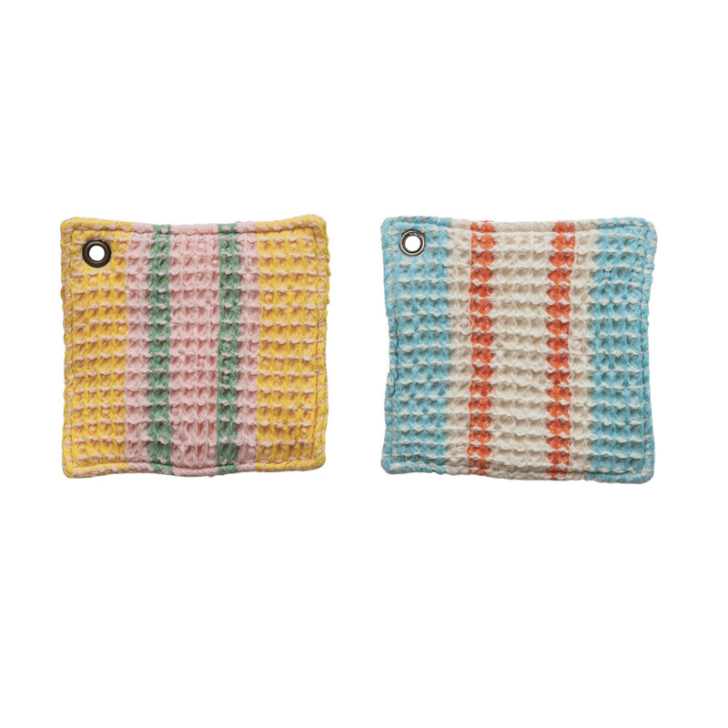 Support à casserole en coton tissé gaufré avec boucle en cuir