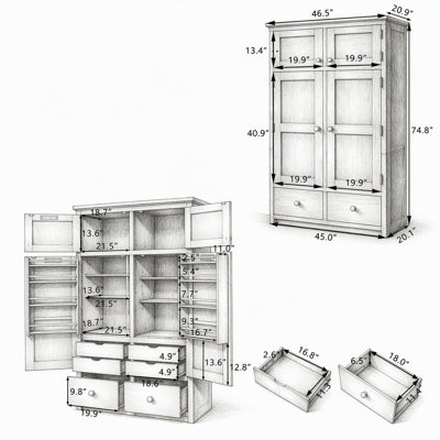 Tall Kitchen Pantry Cabinet with 8 Door Shelves, 4 Pull-out Trays and 6 Drawers, Freestanding Storage Cabinet for Dining Room, Grey