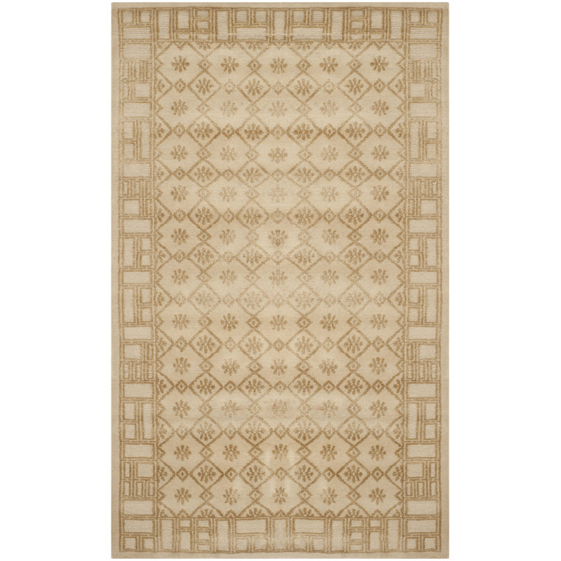 Beige and Gold Hand-Knotted Wool Silk 4' x 6' Rug