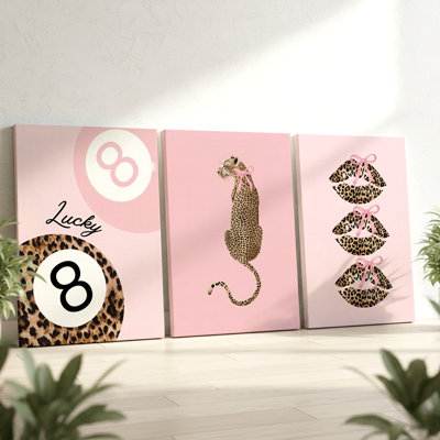 3 pièces d'art mural léopard et grandes lèvres aux accents roses, trois pièces d'art mural pour le salon, la chambre à coucher, le bureau et la maison, prêtes à être accrochées